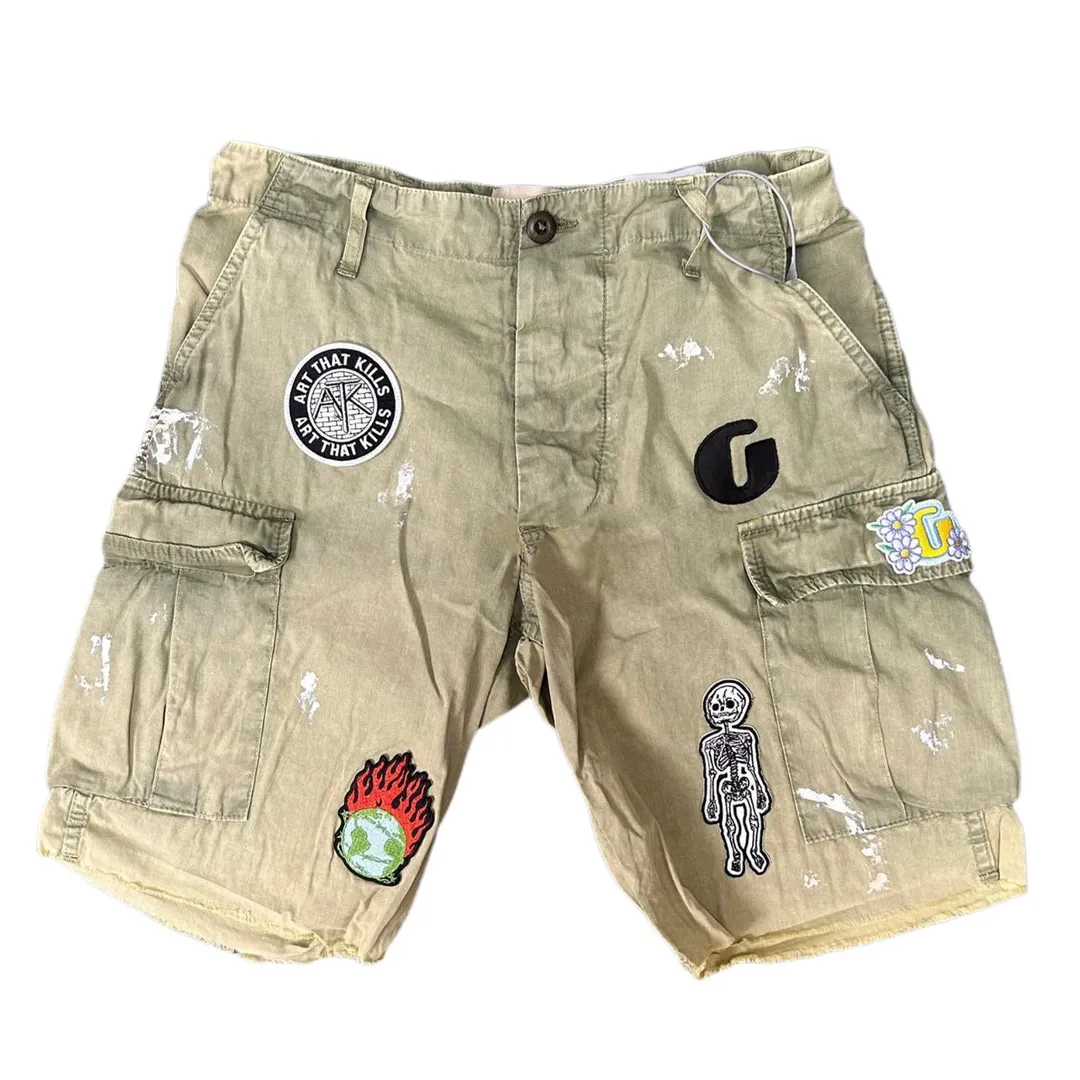 GALLERY DEPT. KENZIE FATIGUE CARGO SHORTS Patch embroidered shorts, distressed ink-splash overalls, olive green size 30/32/34/36, heavy wash garment dyeing, spray-on fade